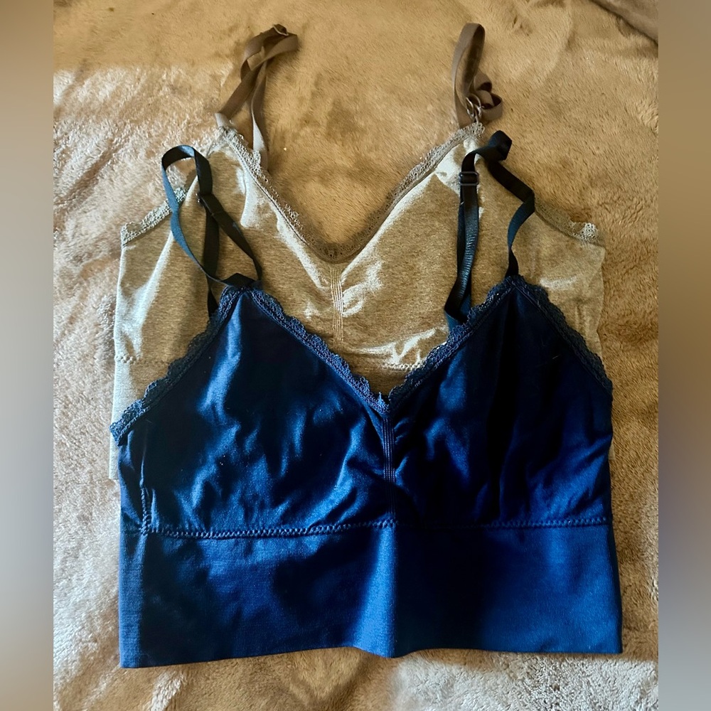 Women's Lace Trim Bralette Bundle Set - Blue & Gray